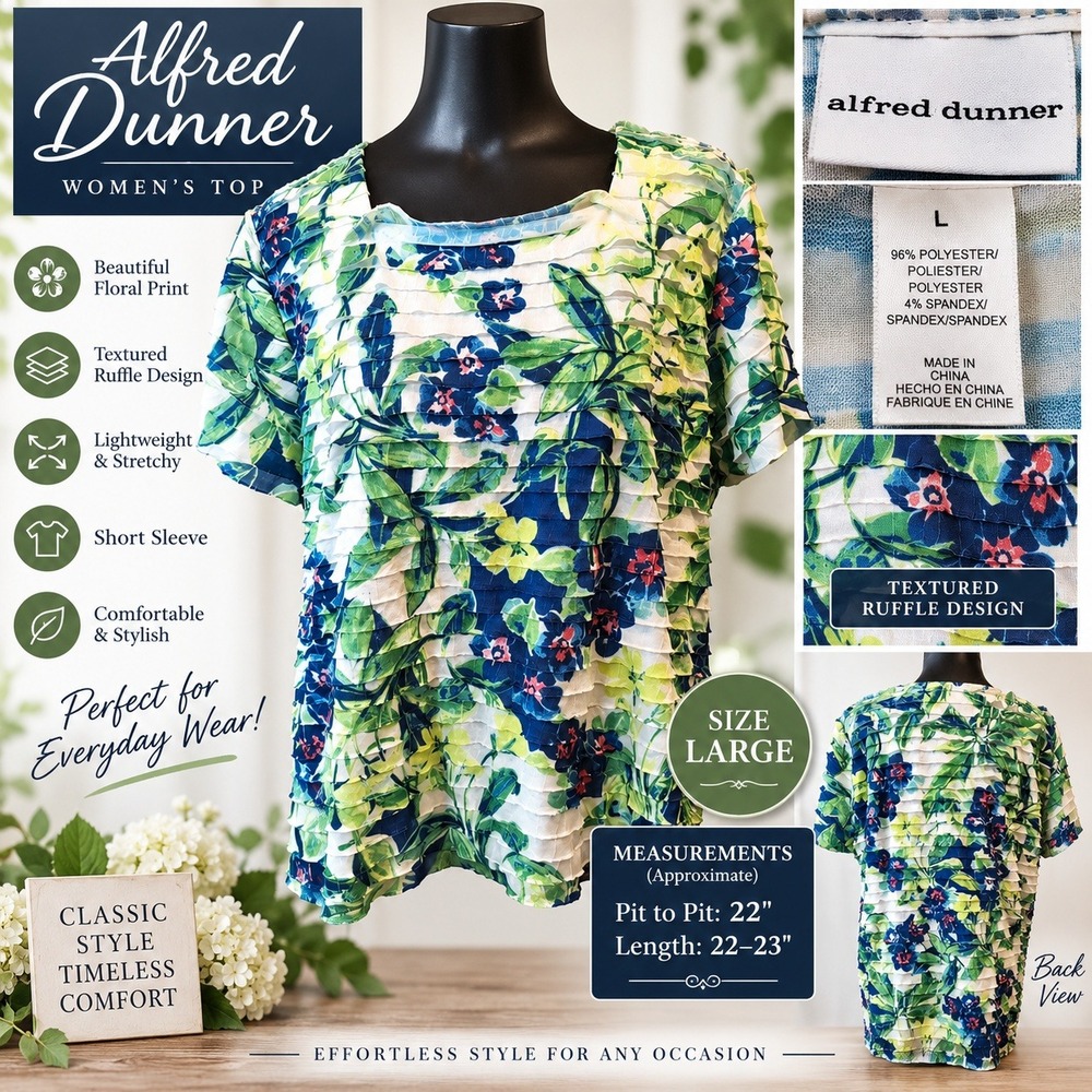 Alfred Dunner Floral Textured Ruffle Short Sleeve Top Green Blue Large